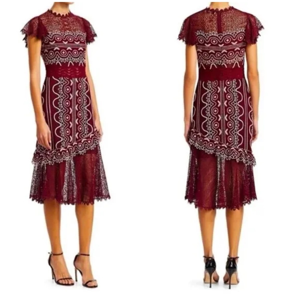 Sea New York Elegant Lace Midi Dress in Burgundy size 0
